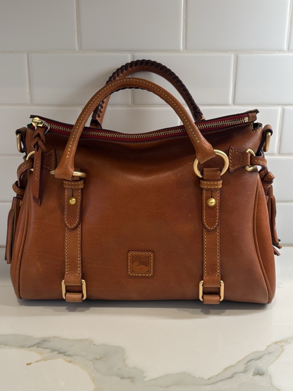 Dooney & Bourke Chestnut Pebble Leather Satchel with Gold Hardware